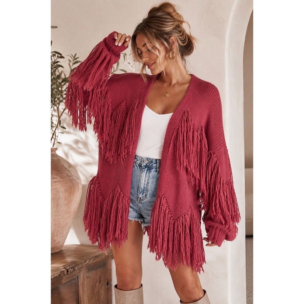 VICI Fringe Knit Cardigan S/M Rose Pink Open Front Boho Western Festival